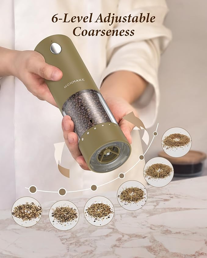 Electric Salt and Pepper Grinder Set - Automatic Refillable Salt and Pepper Grinders with Charging Base & LED Light, 6-Level Adjustable Coarseness with External Dial, Ideal Kitchen Gadget竊똁rown