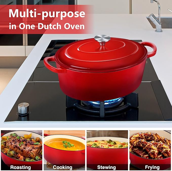 P&P CHEF Oval Dutch Oven with Lid, Enameled Cast Dutch Oven Pot for Bread Baking, Braising, Stewing, Roasting, Non-Stick & Oven Safe, Dual Handles & Easy Clean, 7QT & Red