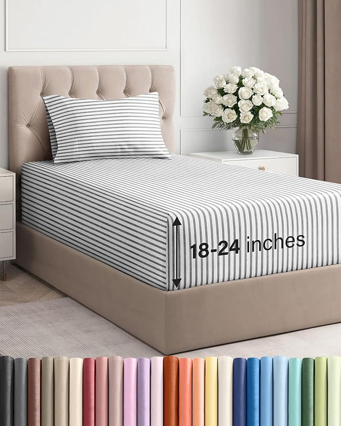 Extra Deep Pocket Twin Sheets - 3 Piece Breathable & Cooling Bed Sheets - Hotel Luxury Bed Sheet Set - Soft, Wrinkle Free & Comfy - Easily Fits Extra Deep Mattresses - Deep Pocket Grey Striped Sheets
