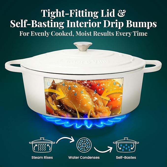 Larder & Vine Enameled Cast Iron 8 qt Dutch Oven Pot with Lid | Bread Baking | Compatible on All Cooktops & Oven Safe to 500째 F | Great for Sourdough Bread | White