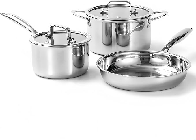 Cooking pots including glass lids, frying pan, set of 3 pots/pan, 횠16cm, 횠20cm, 횠26cm, dishwasher-safe, pots for induction, fully lined 3-ply stainless steel
