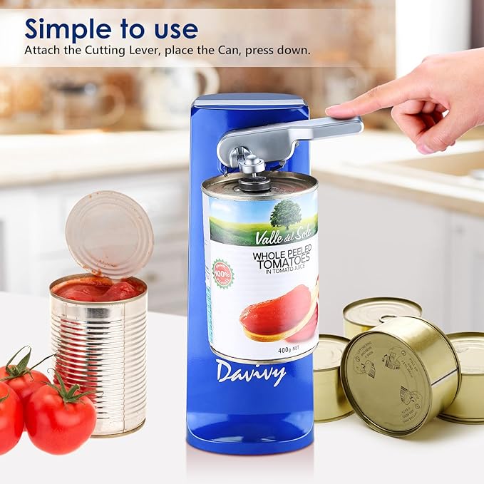 Davivy Electric Can Opener, One Touch Lid Opening, Removable Stainless Steel Cutter and 3-in-1 Design, with Sharpener and Bottle Opener (Blue)