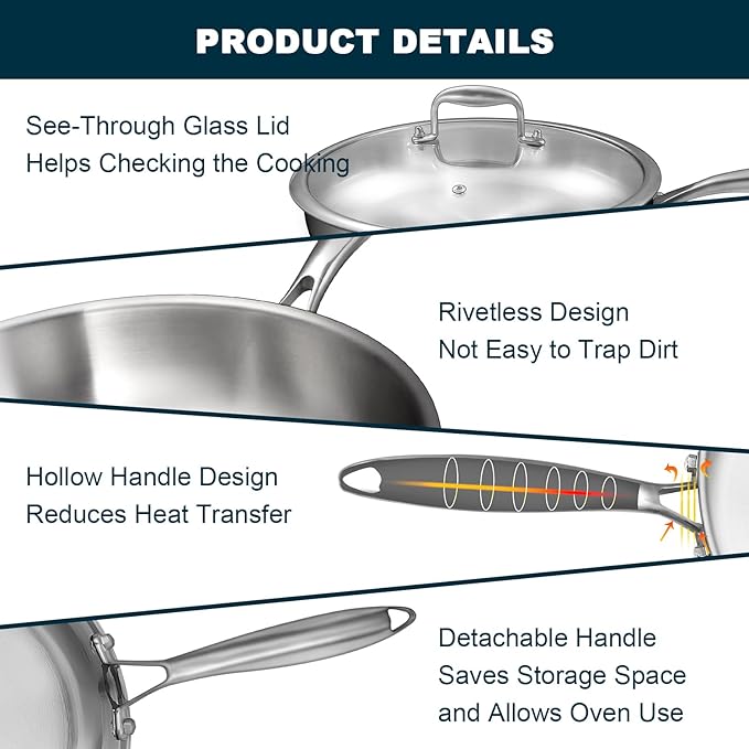 Tri-Ply Stainless Steel Frying Pans Set with Lid, EWFEN 8??10??12??Cooking pans, PFOA&PTFE Free Skillet, Induction Cooking Pan, Dishwasher and Oven Safe, Fast & Even Heat, Suitable for All Stove