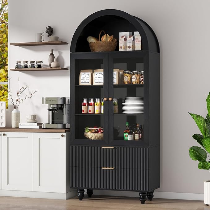 71" Tall Arched Pantry Cabinet with Glass Door, Fluted Kitchen Storage Cabinets with Shelves and Large Drawers, Wooden Buffet Cabinet Credenza for Living Room, Entryway, Coffee Station, Black