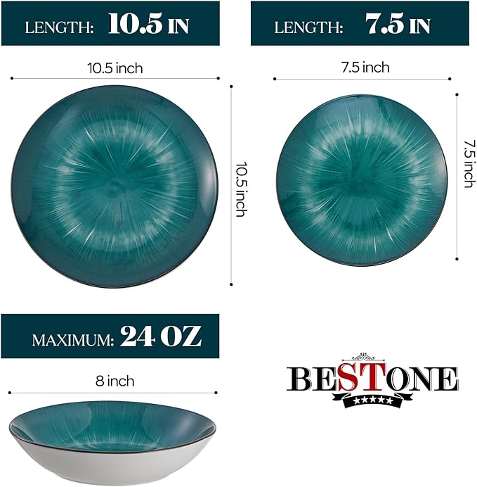 Bestone Porcelain Dinnerware Sets Service for 4, 12 pcs Hand drawn Plates and Bowls Sets, Handmade Ceramic Dish Set, Chip Resistant Modern Plate Set, Dishwasher/Microwave Safe竊똕tarburst Green