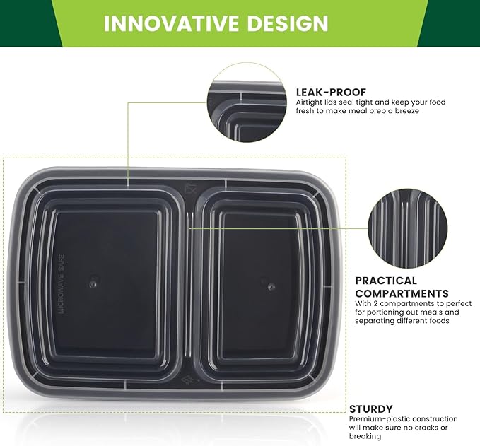 Meal Prep Containers 50 Pack - 2 Compartment Food Containers with Lids, To Go Food Containers BPA-Free, carry out Container With Lids Microwave, Dishwasher, Freezer Safe 30 oz