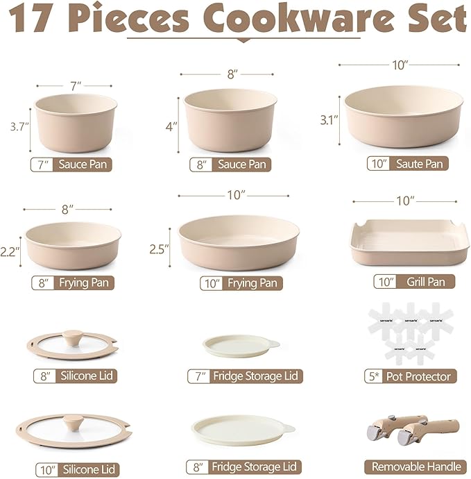 SENSARTE 17 Piece Ceramic Pots and Pans Set, Nonstick Detachable Handle Cookware, Induction Kitchen Cookware Set with Removable Handle, Dishwasher 竊?Oven Safe (Almond Beige)