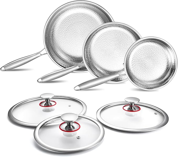 Lazycorner Titanium Non-stick Frying Pan with Lid, 8, 10, and 12 Inch Hammered Nonstick Skillet Set, Titaniums Coating & Scratch-Resistant, PFOA Free, Induction Compatible Cookware