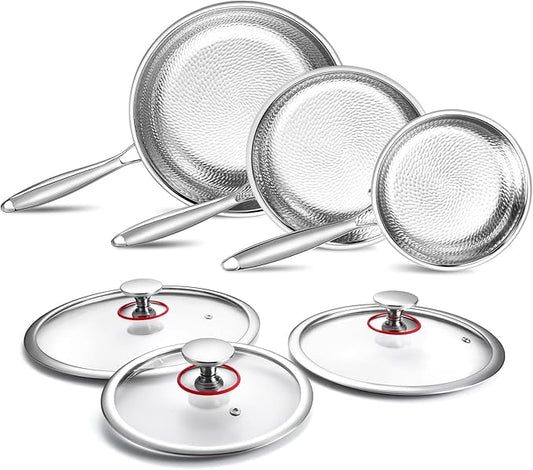 Lazycorner Titanium Non-stick Frying Pan with Lid, 8, 10, and 12 Inch Hammered Nonstick Skillet Set, Titaniums Coating & Scratch-Resistant, PFOA Free, Induction Compatible Cookware