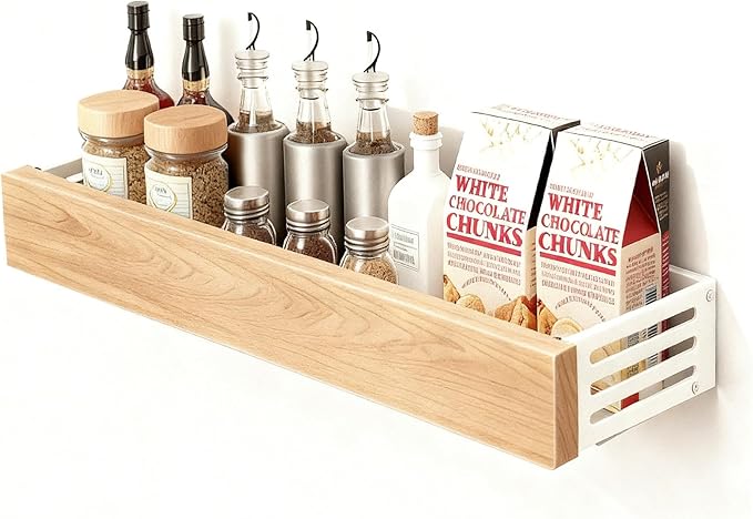 spice rack wood kitchen spice rack wall mounted adjustable adhesive or screw, hung on the door and wall, black large rack for storing items in refrigerators and ovens
