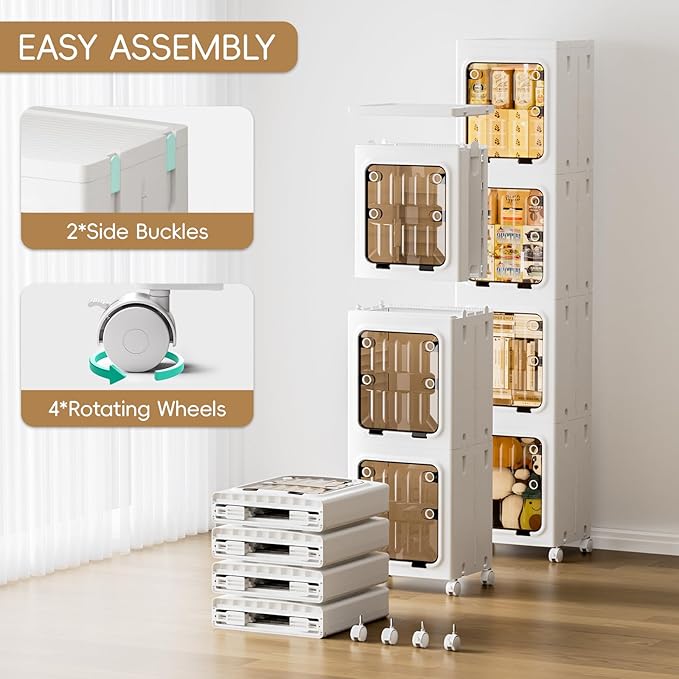 JEKO&JEKO Narrow Bathroom Storage Cabinet, 4-Tier Slim Tall Cabinet Organizer with Wheels, Foldable Plastic Storage for Small Spaces, White