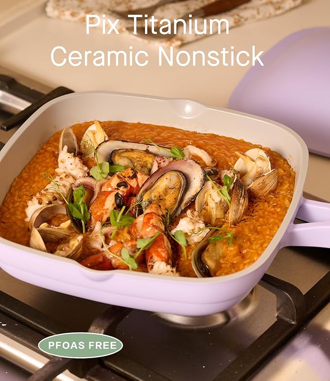 10.5 Inch(3.8QT) Ceramic Pan with Lid,Non Stick Frying Pans Cast Aluminum Deep Saut챕 Pans,Ti-Ceramic Non Toxic Pix Pan with Wooden Spatula and Scrubber-Dusk Petal
