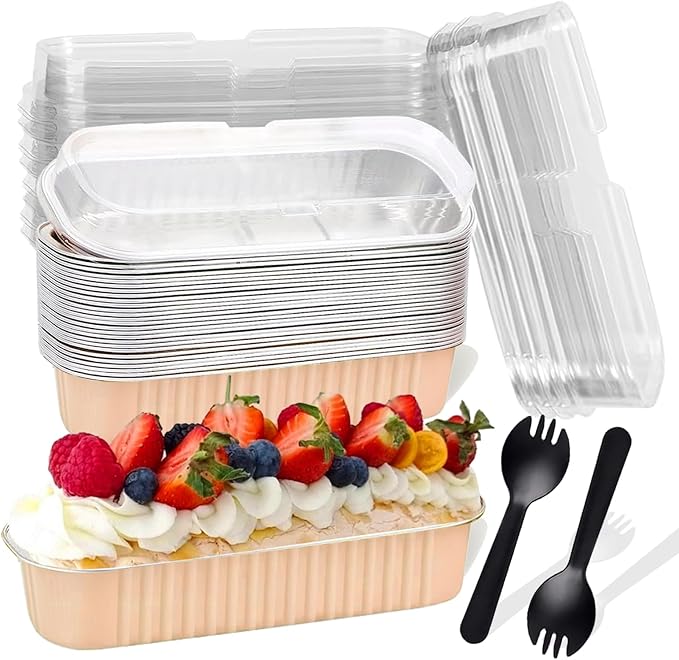 Fodofodo 20PCS Rectangle Mini Loaf Pans with Lids,Mini Cake Pans with Lids,Disposable Ramekins Baking Cups Muffin Tins Cupcake Cups for Wedding Party Birthday,6.8oz (Champagne)