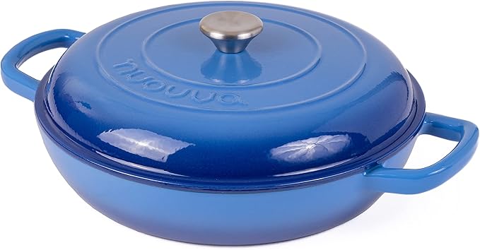 Cast Iron Dutch Oven with Lid ??Non Stick Shallow Dutch Oven Pot, Oven Safe up to 500째 F ??Sturdy Cooking Pot ??Enamelled Stockpot Cookware ??Dark Blue, 3.7-Quart, 30cm ??by Nuovva