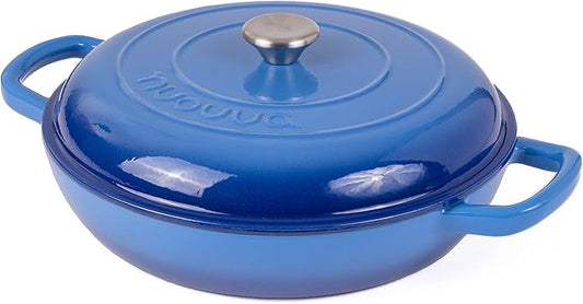 Cast Iron Dutch Oven with Lid ??Non Stick Shallow Dutch Oven Pot, Oven Safe up to 500째 F ??Sturdy Cooking Pot ??Enamelled Stockpot Cookware ??Dark Blue, 3.7-Quart, 30cm ??by Nuovva
