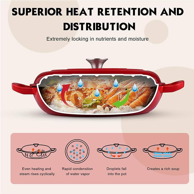 Overmont Enameled Cast Iron Dutch Oven - 3.8 Quart Dutch Oven Pot with Lid - Shallow Cookware Braising Pan - Cast iron Casserole with Cookbook & Heat-resistant Caps - Oven Safe up to 500째 F