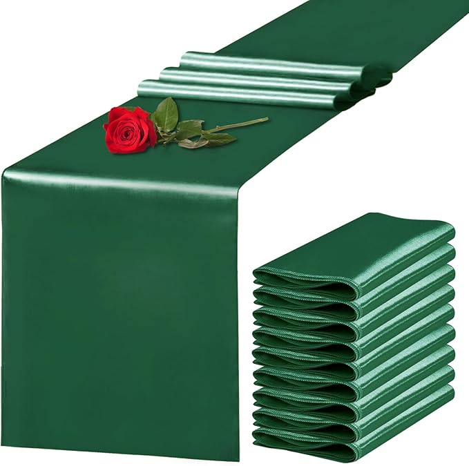 Yblut 10 Pack Satin Table Runner 12 x 108 Inch Long Dark Green Silk Table Runner for Wedding Party Banquet Birthday Decoration