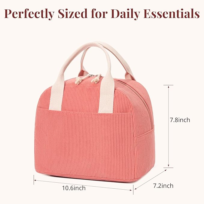 LOVELYWIND Insulated Lunch Bag for Women Men, Stylish Corduroy Tote Bag with Aluminum Lining, Large Capacity Reusable Cooler for Work, Travel, or Beach, Coral Pink Lunch Box