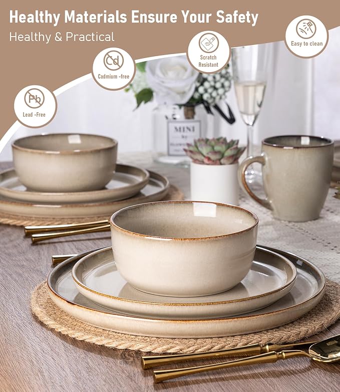 GBHOME Ceramic Dinnerware Sets for 4, 12 Pieces Stoneware Plates and Bowls Sets, Scratch Resistant Dishes, Dishwasher & Microwave Safe, Reactive Glaze-Almond Cream