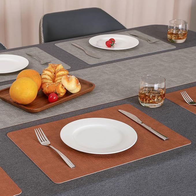 Myir JUN Reversible Vinyl Placemats Set of 4, Faux Leather Place Mats Dual Sided Waterproof Wipeable, Heat-Resistant Table Mats for Kitchen Dining Indoor Outdoor (12" x 17", Light Gray Reddish Brown)