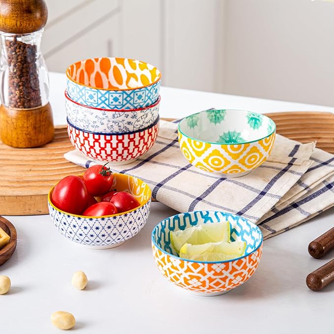 Cerkik Ceramic Dipping Bowls Set - Mini 4 Oz Dessert Bowls - Small 3.5 Inch Porcelain Bowls for Side Dishes, Snack, Yogurt, Appetizer - Microwave Dishwasher Safe - Set of 6 - Assorted Colors