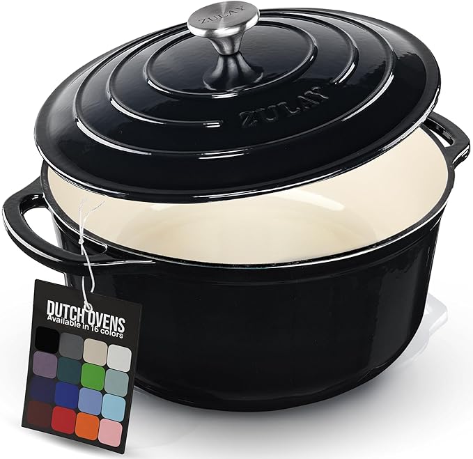Zulay Kitchen 6 Quart Enameled Cast Iron Dutch Oven Pot with Lid ??Premium Durability & Oven Safe up to 500째F ??Heavy Duty Cookware Perfect for Bread Baking, Stews, Braising & Roasting ??Black