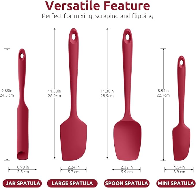 U-Taste 600쨘F Heat Resistant Silicone Spatulas: Flexible Food-Grade Silicon Baking Scraper, Kitchen Cooking Mixing Utensils with Upgraded Sturdy Handle Tip for Nonstick Cookware (4-Pc., Red)