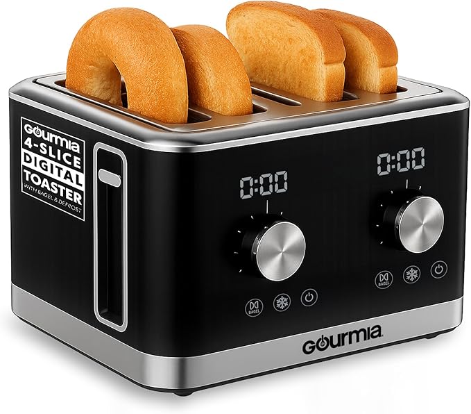 Gourmia 4 Slice Toaster, Double-Sided ??Dual Independent Controls, Bagel, Defrost & Reheat Mode, 6 Browning Levels, Extra Wide Slots, Removable Crumb Tray, Compact Design, Black