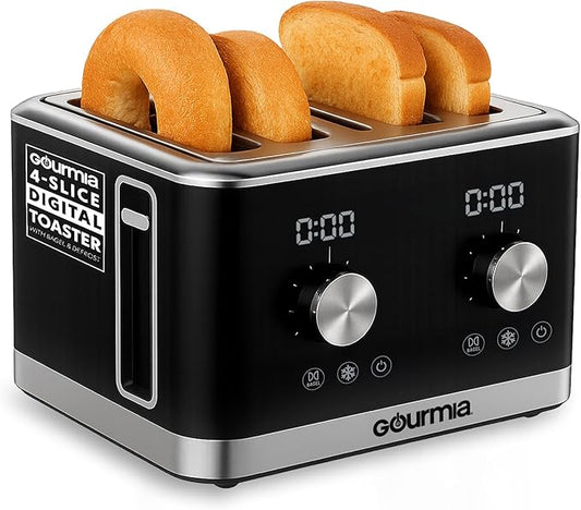 Gourmia 4 Slice Toaster, Double-Sided ??Dual Independent Controls, Bagel, Defrost & Reheat Mode, 6 Browning Levels, Extra Wide Slots, Removable Crumb Tray, Compact Design, Black