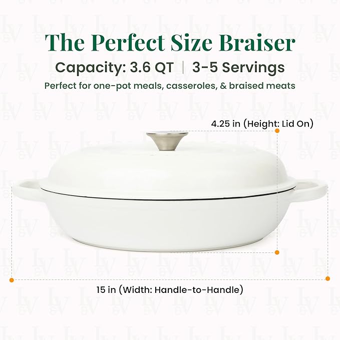 Larder & Vine Enameled Cast Iron Braiser | 3.6 qt Braiser Pan with Lid | Shallow Dutch Oven Compatible on All Cooktops | Casserole Dish Oven Safe to 500째 F | Dual Handles | White