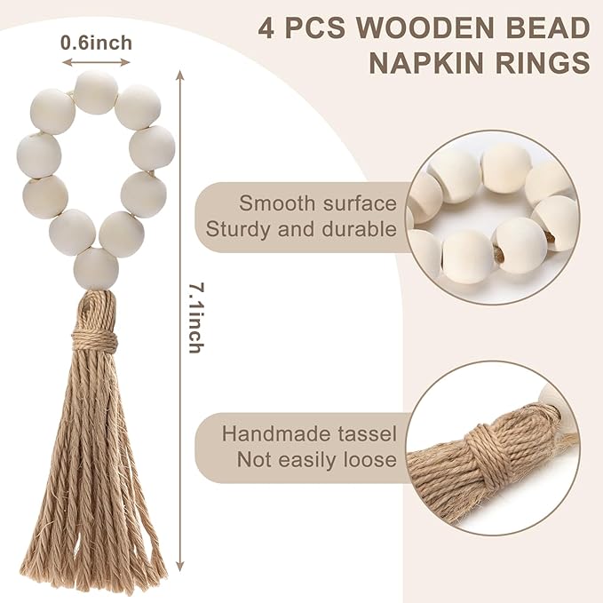 Hardcometrue Woven Placemats Set of 4, 13.8" Natural Water Hyacinth Round Rattan Placemats with Wooden Beads Napkin Rings for Kitchen Dining Table Decor