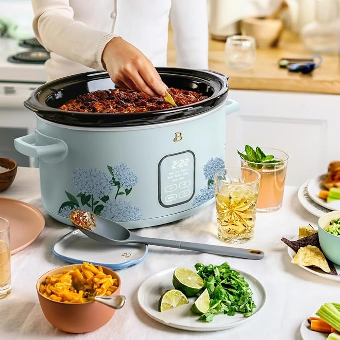 Beautiful 6 Quart Programmable Slow Cooker by Drew Barrymore ??Large Capacity, Ceramic Removable Pot, Tempered Glass Lid, Dishwasher Safe, Auto Keep Warm (Hydrangea Floral)