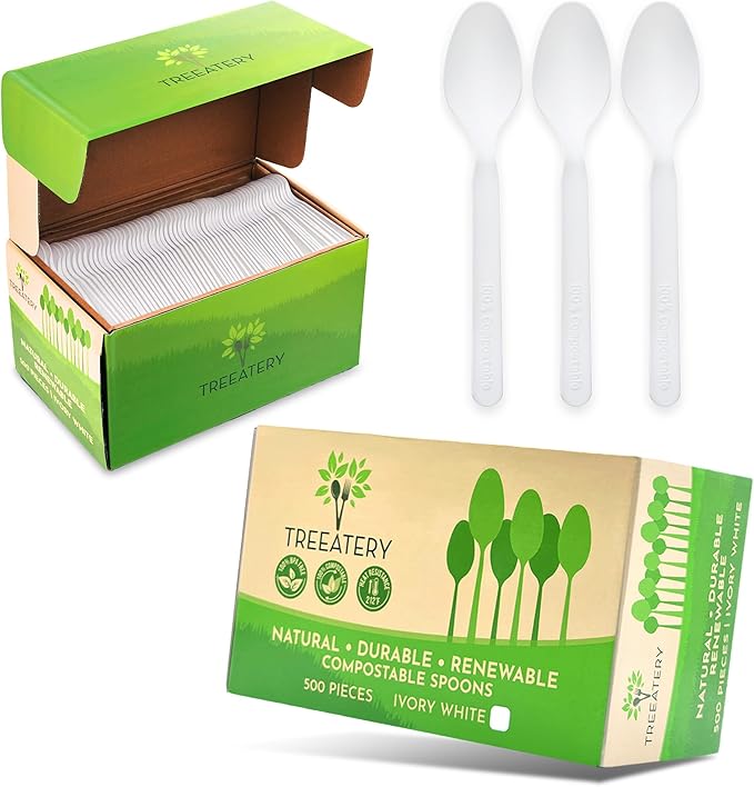 500 Compostable Spoons, Disposable Spoons, Plant-Based Compostable Utensils, BPI-Certified Disposable Cutlery, Disposable Silverware, Ivory White