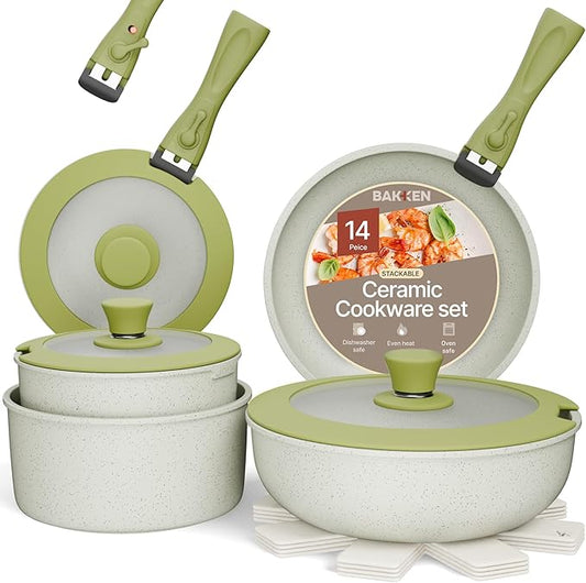 Pots and Pans Set Non Stick Ceramic-Granite ??15-Piece Cookware with Detachable Handles, Stackable Space-Saving, Dishwasher Safe, Stain-resistant, Oven & All-Stove Safe, Tempered Glass Lids, Green