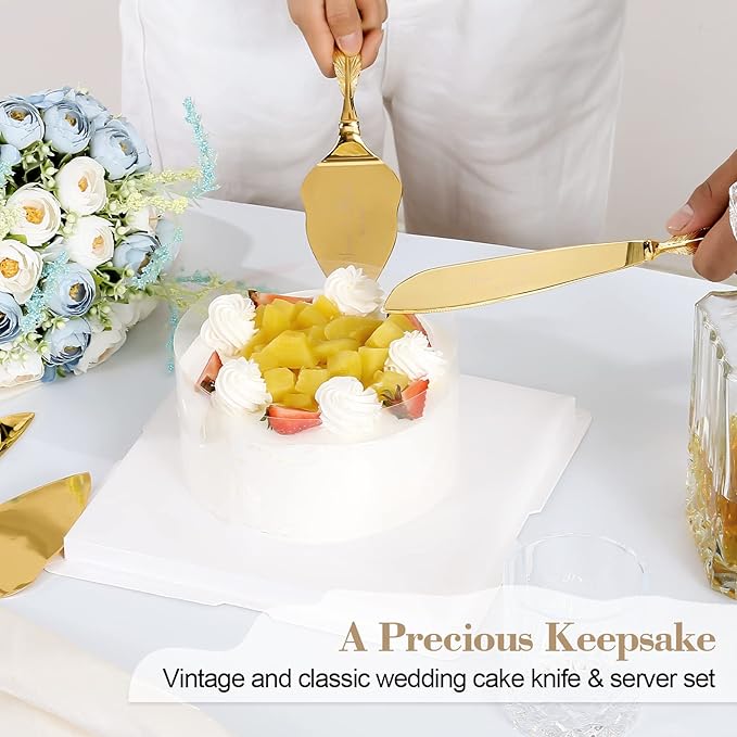 Wedding Cake Knife and Server Set, Personalized Gold Cake Cutting Set for Wedding, Engraved Classic Cake Cutter Set, Pie PastryServer, Birthday Bridal Quincea챰era Gift (CUS-Feather)