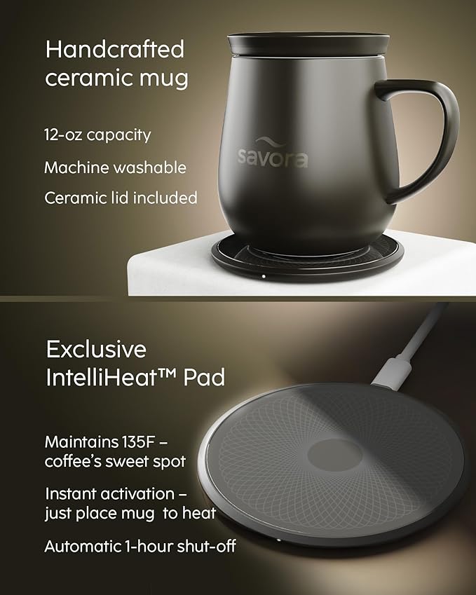 12oz Heated Coffee Mug | Barista?셲 Choice | Exclusive Wireless IntelliHeat Pad | Temperature Control Maintains 135째F | Hand-Crafted Ceramic Mug & Lid | Great for Tea Drinkers | Backed for Life - Black