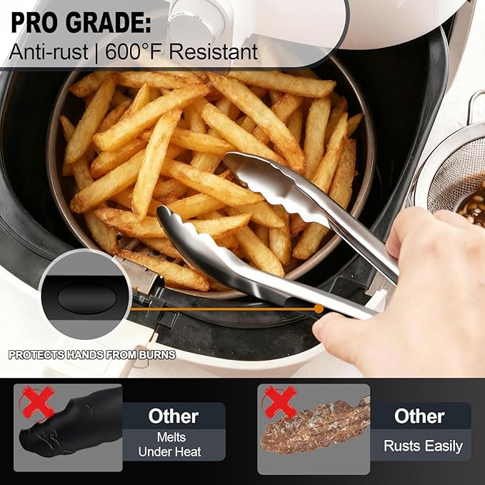 Small Cooking Tong Set of 3 - Mini 7 Inch Stainless Steel Locking Tongs, Heat Resistant to 600째F, Food Grade Kitchen Metal Tong for Food, Salad, Pasta, Steaks, Vegetables - Dishwasher Safe