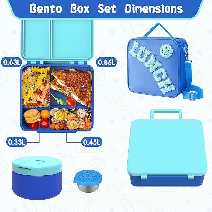 Aimsnk Kids Bento Lunch Box with 8oz Soup Thermo, Kids Leakproof Lunch Food Containers with 4 Compartment,Insulated Hot Food Jar with Lunch Bag for School, Travel (Blue)