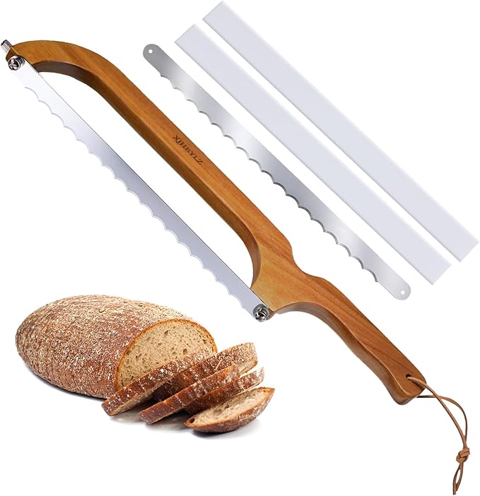 Sourdough bread knife, Bread Knife 16",Bread Slicer for Homemade Bread,Adjustable blade tightness for Even Slicing, Serrated knife,Wooden Bread cutter with Bow Design (3, brown)