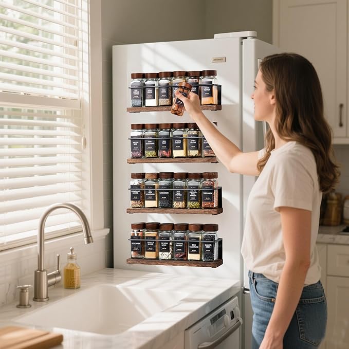 Wooden Lid Magnetic Spice Rack with 24 Jars, 216 Labels, 1 Steel Funnel for Refrigerator竊똌icrowave Oven - Full Set of Spice Organizer