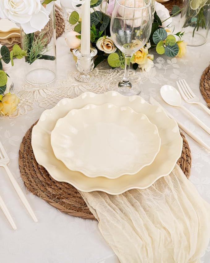 LIYH 20 Pcs Beige Plastic Plates Reusable 7.5 Inch - Unbreakable Plastic Dessert Plates - Scalloped Cake Plate for Weddings Camping Party Outdoor Picnics Dishwasher Safe BPA Free