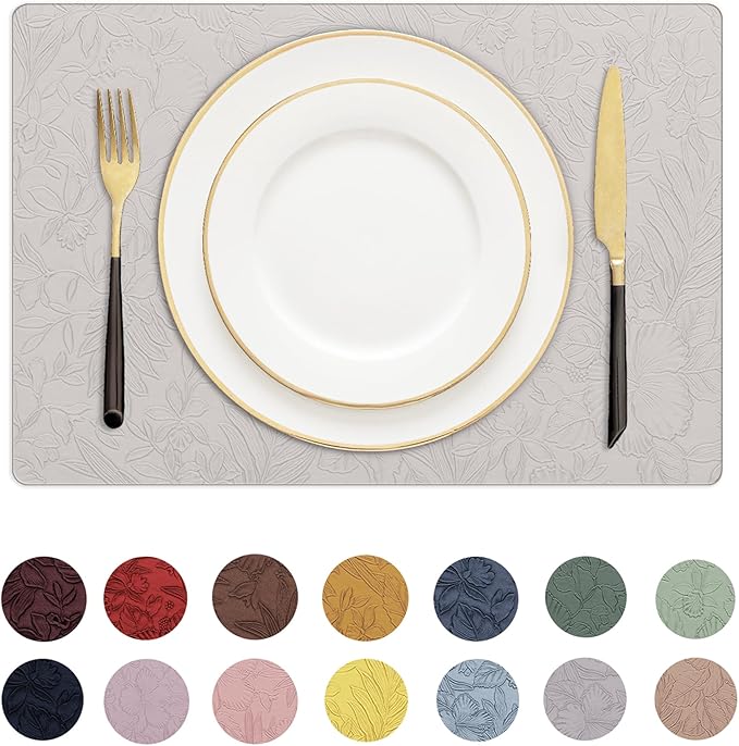 Romanstile Vinyl Placemats Set of 4-12 X 18 Inch - Heat Resistant Non-Slip Embossed Floral Place Mats 100% Waterproof Oilproof Wipeable Faux Leather Table Mats for Kitchen/Dining/Party, LightGrey