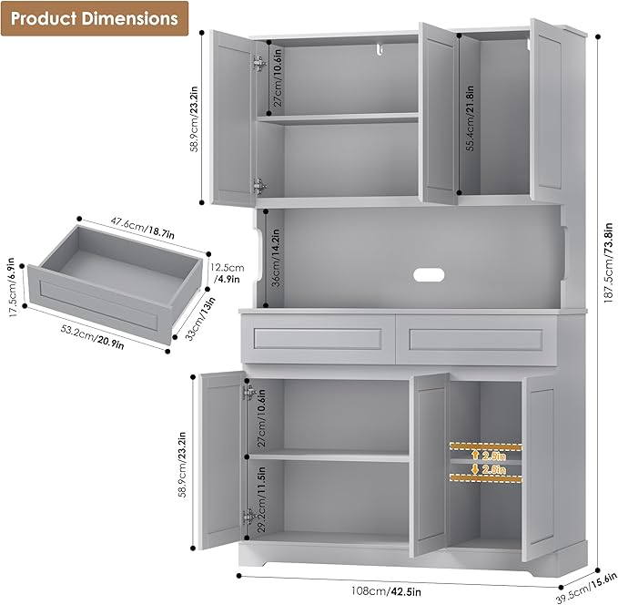 FACBOTALL 74" Pantry Cabinet, Tall Kitchen Pantry Cabinet with 6 Doors and 2 Drawers, Kitchen Hutch with Wide Countertop, Modern Kitchens Cupboard with Adjustable Shelves and Charge Holes, Grey