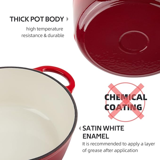 4.5 Quart Dutch Oven Enameled Cast Iron with Lid - Big Dual Handles - Oven Safe up to 500째F - Classic Round Pot for Versatile Cooking Red