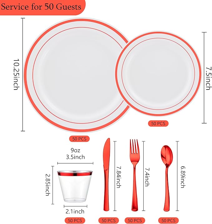 300PCS Red Dinnerware Set for 50 Guests, White and Red Plastic Disposable Plates for Party-50 Dinner Platos,50 Dessert Plates, 150 Silverware Set- Fancy Heavy Duty Party Plate