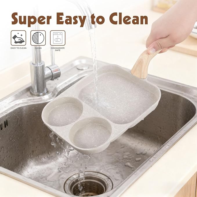 CLANK 3-in-1 Nonstick Egg Pan with Divided Nonstick Griddle, Multi-Function Breakfast Pan/Pancake Pan for Gas and Induction Cooktops, White Granite Texture