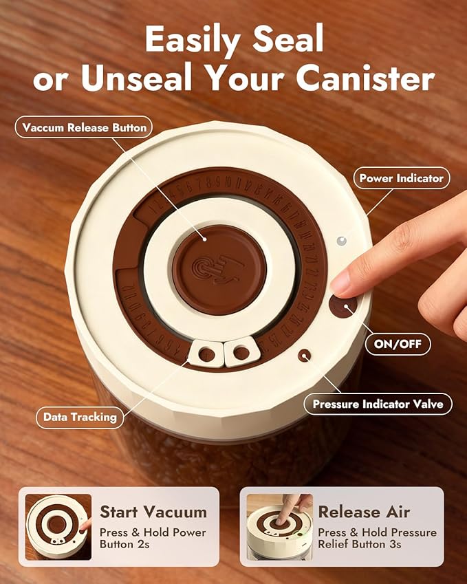 Electric Vacuum Coffee Canister & Food Storage Jar ??One-Button Operation Auto Airtight Sealed Coffee Container, 34 fl oz for 0.9 lb Beans
