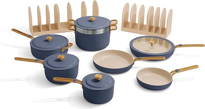 Our Place 17-Piece Essentials Complete Cookware Set - Ceramic Fry Pans, Saucepans, Saut챕 Pan, Stock Pot, Strainer Basket & Modular Storage | Thermakind??Nonstick, Oven Safe up to 450째F | Blue Salt