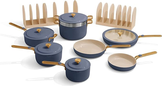 Our Place 17-Piece Essentials Complete Cookware Set - Ceramic Fry Pans, Saucepans, Saut챕 Pan, Stock Pot, Strainer Basket & Modular Storage | Thermakind??Nonstick, Oven Safe up to 450째F | Blue Salt
