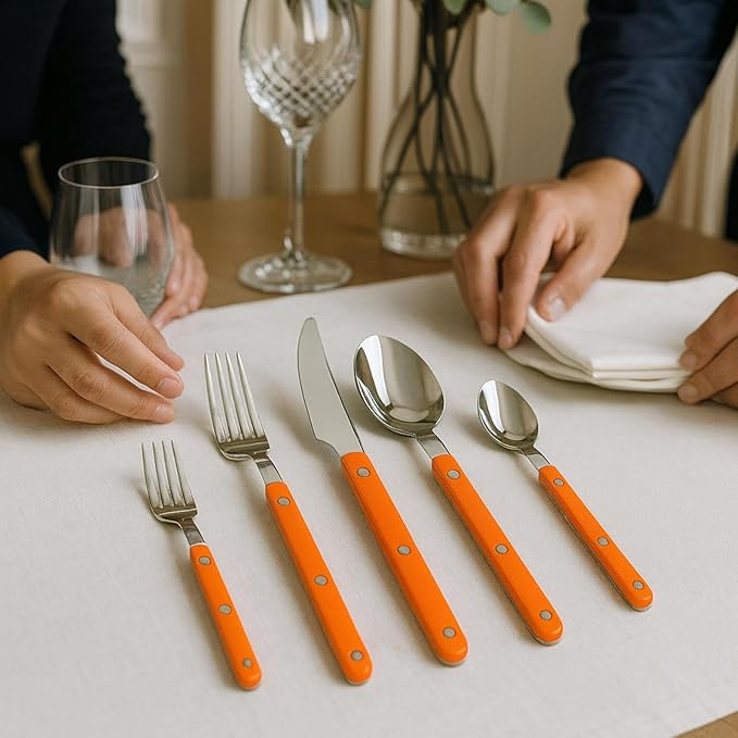 Khen 20-Piece Cutlery Set with Dinner Knives, Forks, Spoons, Salad Forks & Teaspoons ??Durable and Dishwasher Safe Utensil Set for Home, Kitchen, Parties & Special Occasions ??Orange Handle